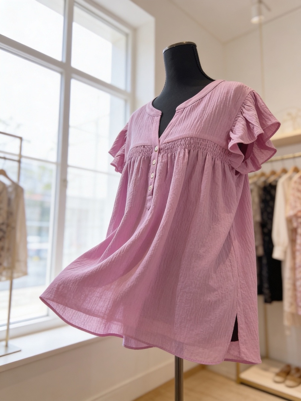 Smocked Flutter-Sleeve Tunic Top in Dusty Pink